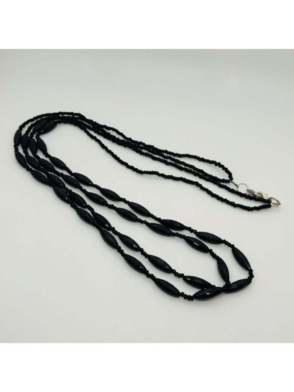 Long Multi-Strand Black Beaded Necklace With Oval Accents 36" For Layering